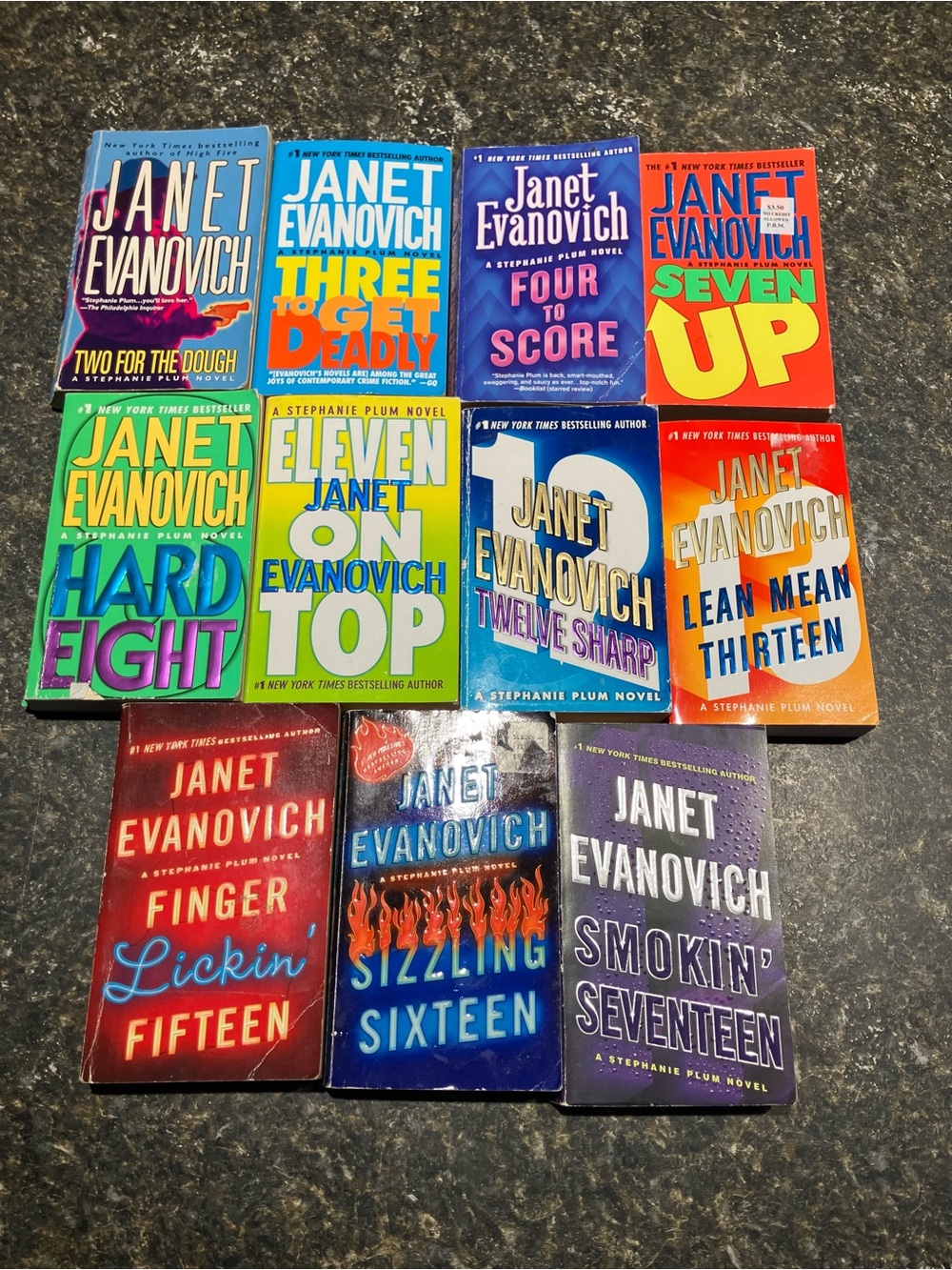 Janet Evanovich books Stephanie Plum series
2, 3, 4, 7, 8, 11, 12,13, 15, 16, 17